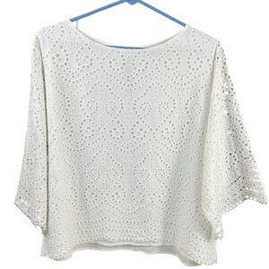 Lauren Ralph Lauren White Eyelet Embroidered Cotton Top Elbow Sleeve Size Large